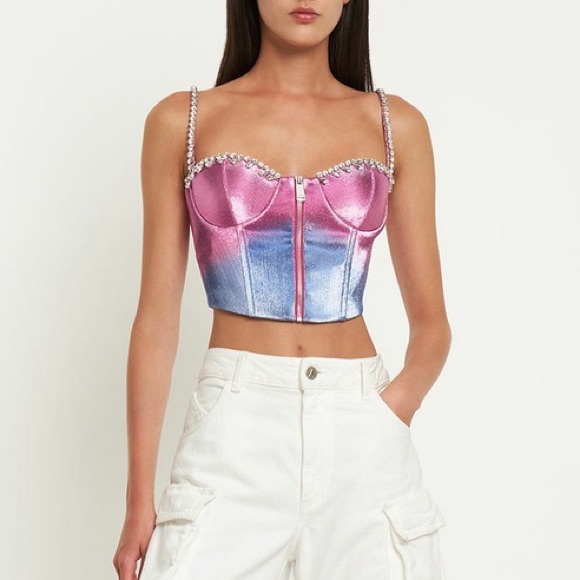 AREA - Printed Cotton Bustier Top W/ Crystals Size 2